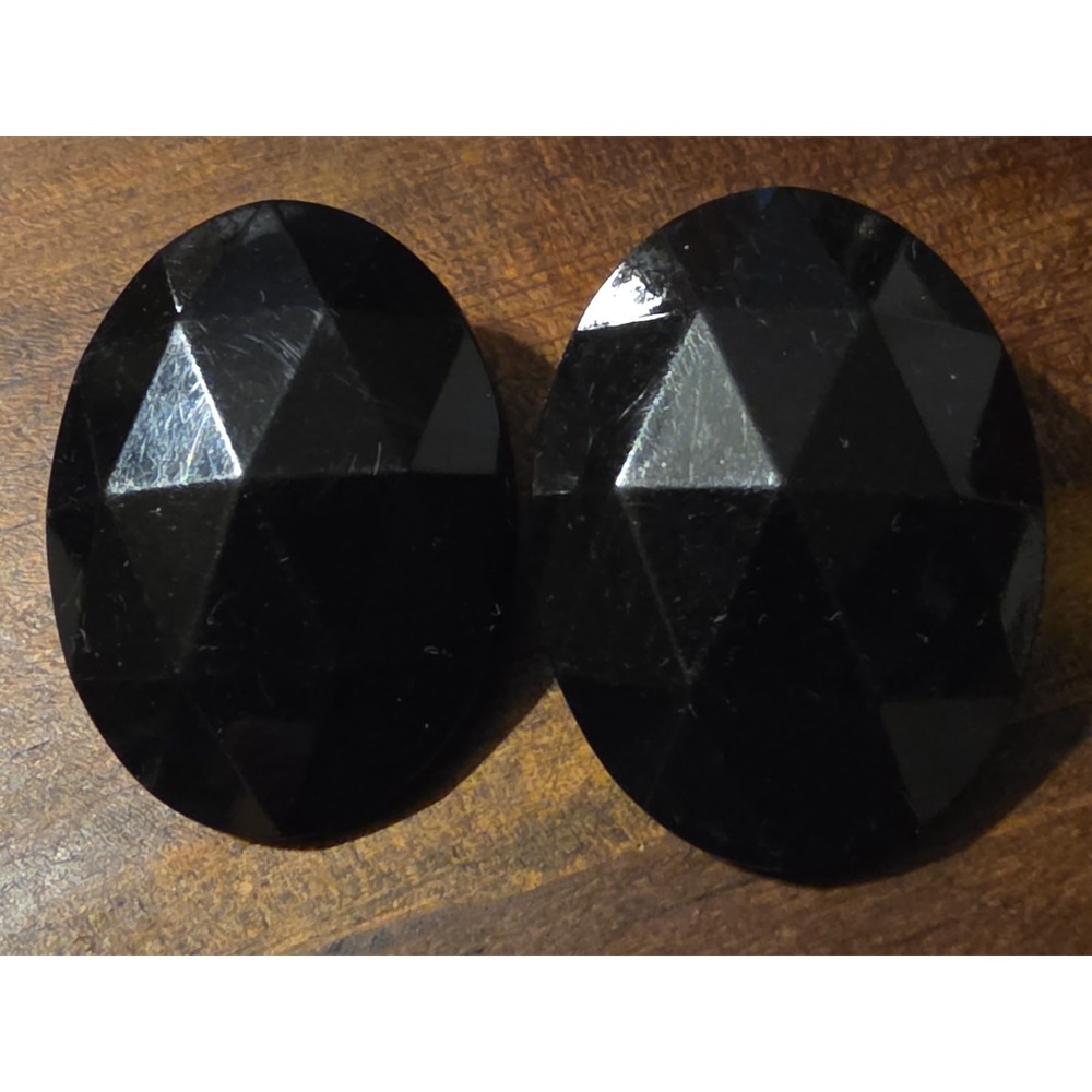 Vintage Les Bernard Oval Black Faceted Lucite Pierced Clip On Earrings